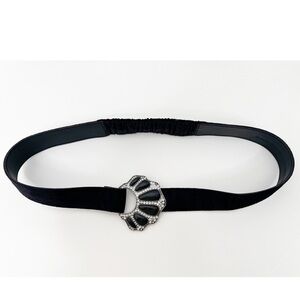 CHICO’S | Black Velvet Stretchy-Back Belt Shell Rhinestone Buckle Fits Sz. Large